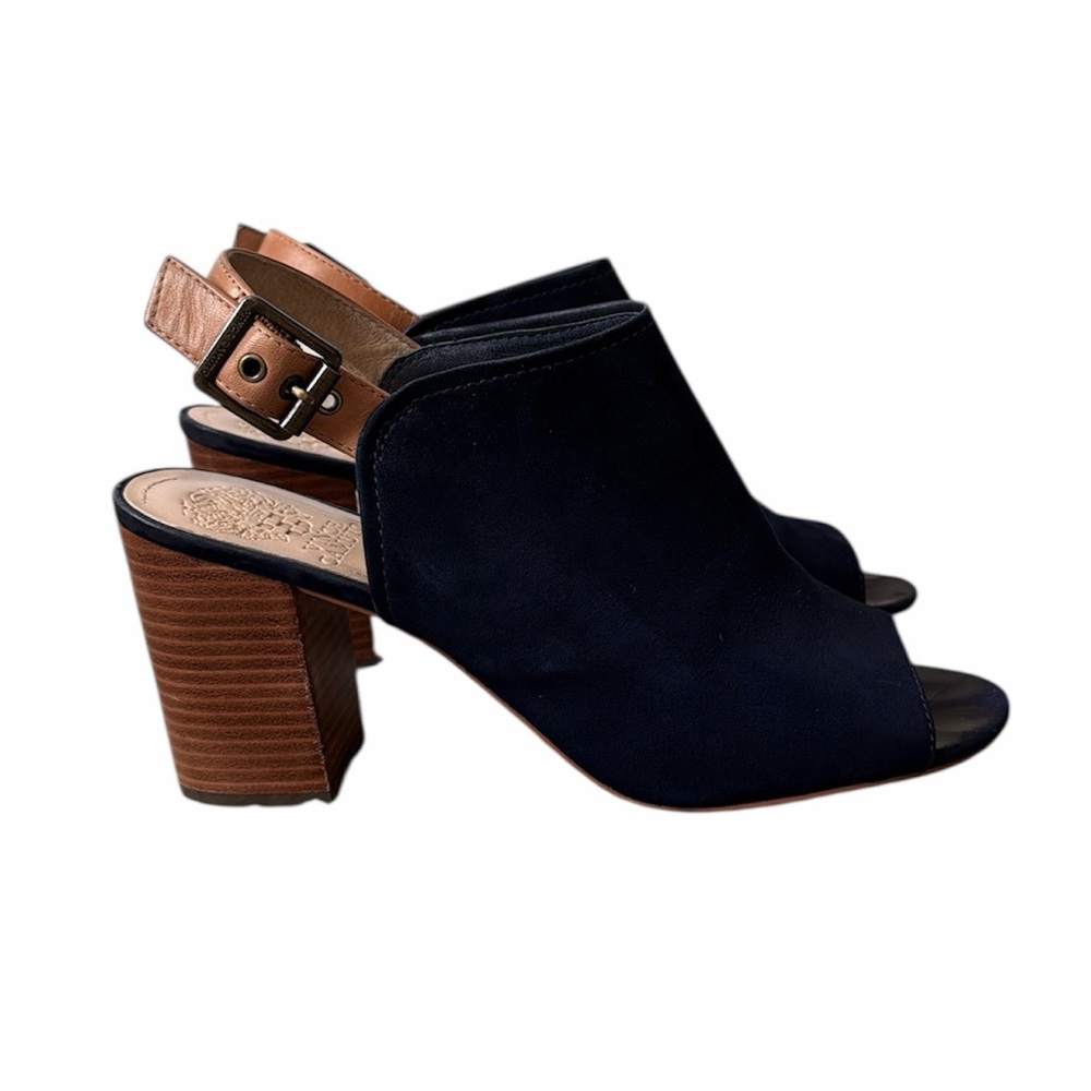 Vince Camuto Brianny blue suede heels size 9.5 boho casual block heel adjustable